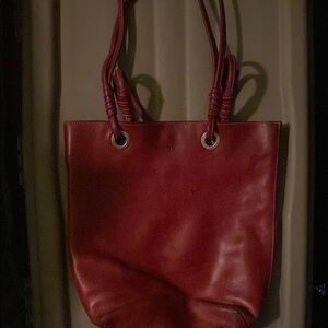 Roots Red Leather Tote Bag with Rope Handles